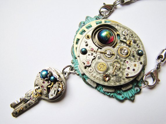 Steampunk Embellished Antique Watch Movement & Mechanical Treasure Key Pendant Necklace, Steampunk Necklace, Steampunk Watch and Key PN73 by RavensSecretStash steampunk buy now online