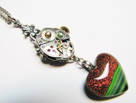 Steampunk Shimmering Heart & Vintage Watch Pendant Necklace, Steampunk Necklace, Steampunk Heart, Steampunk Watch Necklace HTN9 by RavensSecretStash steampunk buy now online