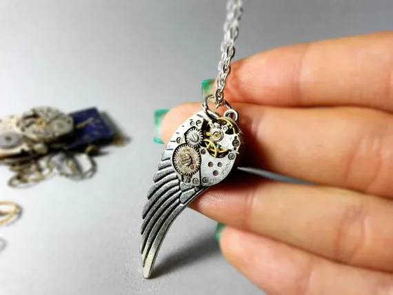 Wing pendant, Mechanical necklace, Rocker chain, Vintage watch parts, Clockwork necklace, Geekery upcycled, Steampunk jewelry by ByEmilyRay steampunk buy now online