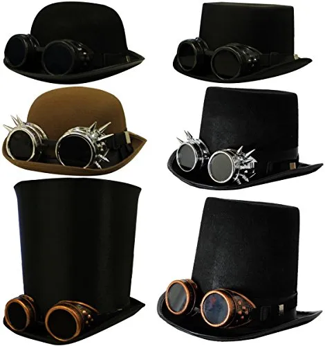 STEAMPUNK VICTORIAN FELT TOP HAT WITH SPIKED SILVER GOGGLES steampunk buy now online