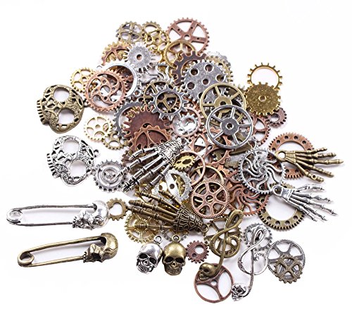 BIHRTC 140 Gram (Approx 92pcs) DIY Assorted Color Antique Metal Steampunk Watch Gear Cog Wheel Skull Musical Note Skull Hand Safety Pin Charms Pendant for Crafting, Jewelry Making Accessory steampunk buy now online