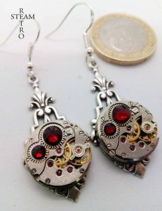 Art Deco Steampunk Earrings in Red - Steampunk earrings - Art Deco - Jewelry - steampunk Jewellery - steampunk - gothic earrings - goth by SteamRetro steampunk buy now online