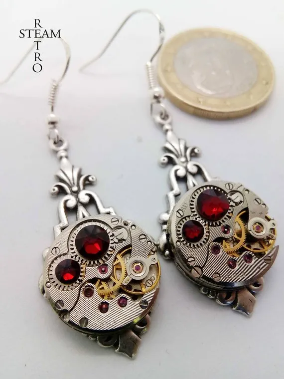Art Deco Steampunk Earrings in Red - Steampunk earrings - Art Deco - Jewelry - steampunk Jewellery - steampunk - gothic earrings - goth by SteamRetro steampunk buy now online