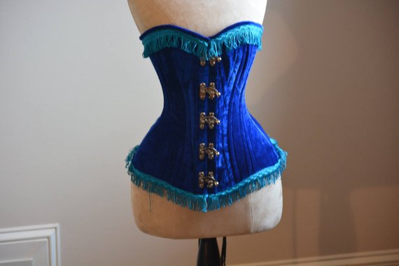 Blue velvet exclusive corset from Corsettery Western Collection, steampunk, burlesque, circus cosplay, authentic waisttraining, gift, pirate by Corsettery steampunk buy now online