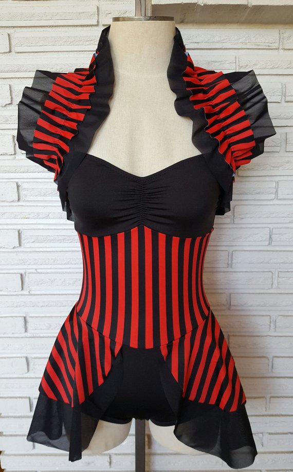 Cirque Noir Stripe Leotard, Opera Shrug, Costume, Custom Size by HarmonyThreads steampunk buy now online