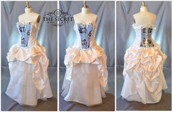 Custom fairytale wedding dress, ivory and blue couture bustle gown by thesecretboutique steampunk buy now online