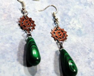 Earrings / Green Black Mottled Teardrop Stone + Copper Gears / Upcycled Fashion Jewelry / Dangle & Drop / Sustainable Repurposed Materials by ricpickerdesigns steampunk buy now online