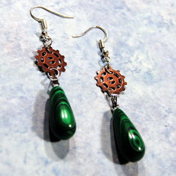 Earrings / Green Black Mottled Teardrop Stone + Copper Gears / Upcycled Fashion Jewelry / Dangle & Drop / Sustainable Repurposed Materials by ricpickerdesigns steampunk buy now online