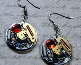 Earrings / Watch Parts with Red Crystal / Jewelry / Bronze Gold / Dangle & Drop / Mixed Metal / Upcycled Repurposed Materials / Steampunk by ricpickerdesigns steampunk buy now online