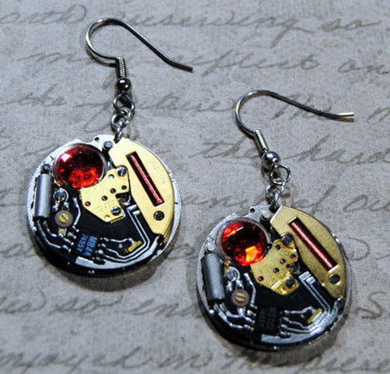 Earrings / Watch Parts with Red Crystal / Jewelry / Bronze Gold / Dangle & Drop / Mixed Metal / Upcycled Repurposed Materials / Steampunk by ricpickerdesigns steampunk buy now online