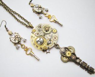 Le Steampunk Moonstruck Maxime Necklace Earring Set, Steampunk Moon & Key Necklace, Steampunk Necklace, Steampunk Watch Earrings, NES15 by RavensSecretStash steampunk buy now online