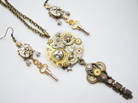Le Steampunk Moonstruck Maxime Necklace Earring Set, Steampunk Moon & Key Necklace, Steampunk Necklace, Steampunk Watch Earrings, NES15 by RavensSecretStash steampunk buy now online