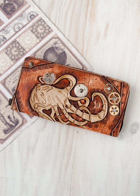 Long travel leather womens wallet zipper with image octopus in the style of a steampunk - Woman embossed clutch wallet - Brown purse zipper by IKLeatherBag steampunk buy now online