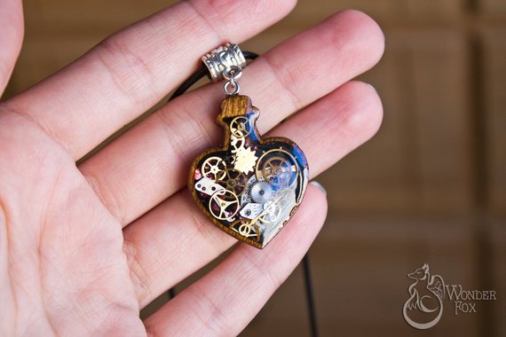 Pendant Steampunk Heart - Steampunk Necklace - Mechanical Heart - Heart Necklace - Heart Bottle by WonderFoxJewelry steampunk buy now online