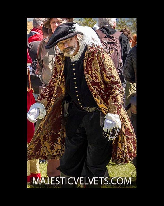 Renaissance Brocade Red Jacket for Faire Santa Christmas Coat Chenille Red Gold by MajesticVelvets steampunk buy now online