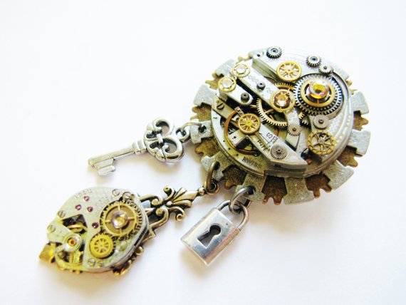 Steampunk Antique Watch Movement Brooch, Steampunk Brooch, Watch Brooch, Watch Pin, Watch Key Lock Brooch, Antique Watch Jewellery, BR17 by RavensSecretStash steampunk buy now online