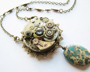 Steampunk Antique Watch Movement Necklace with Aqua Terra Jasper, Steampunk Necklace, Steampunk Watch Necklace, Victorian Necklace PN80 by RavensSecretStash steampunk buy now online