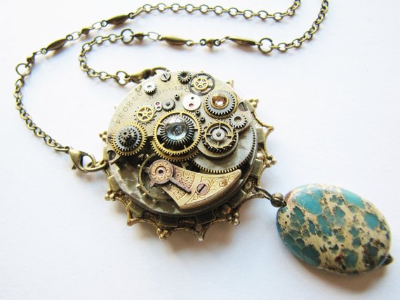 Steampunk Antique Watch Movement Necklace with Aqua Terra Jasper, Steampunk Necklace, Steampunk Watch Necklace, Victorian Necklace PN80 by RavensSecretStash steampunk buy now online