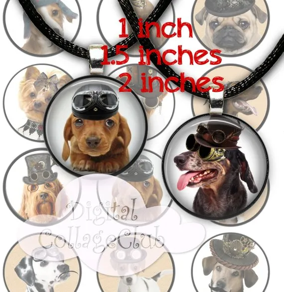 Steampunk Dogs Digital Collage Sheet 1 inch, 1.5 and 2 inches Circle Round Images for Bottle Caps, Jewelry Making, Scrapbooking by DigitalCollageClub steampunk buy now online
