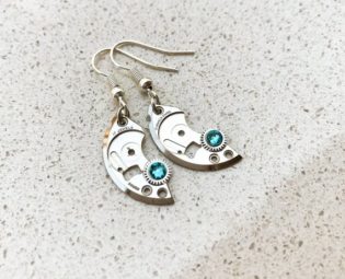 Steampunk Earrings, Half Moon, Semicircle, Hooks, Dangle, Drop, Mechanical Jewelry, Watch Gears, Women Gift, Green Swarovski crystals by WinnySteampunk steampunk buy now online