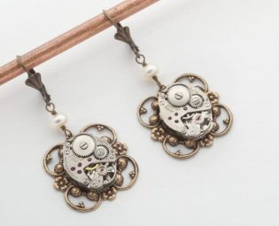 Steampunk Earrings Vintage silver watch movements gold flower filigree genuine pearls drop dangle earrings Wedding Gift Steampunk Jewelry by steampunknation steampunk buy now online