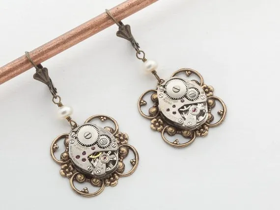 Steampunk Earrings Vintage silver watch movements gold flower filigree genuine pearls drop dangle earrings Wedding Gift Steampunk Jewelry by steampunknation steampunk buy now online Steampunk Earrings Vintage silver watch movements gold flower filigree genuine pearls drop dangle earrings Wedding Gift Steampunk Jewelry by steampunknation steampunk buy now online
