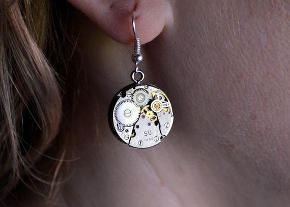 Steampunk earrings//Vintage USSR earrings//Watch earrings/Movements//Smallest watch earrings//Handmade earrings// by OSKARANTIQUES steampunk buy now online