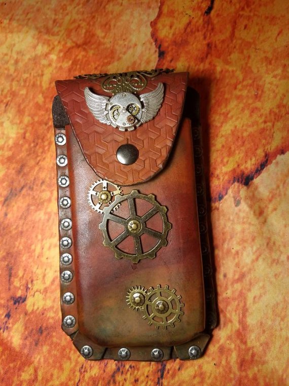 Steampunk leather phone case, side pouch, satchel by LostEraCreations steampunk buy now online