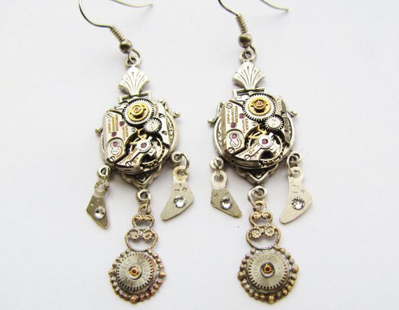 Steampunk Silvery Watch Movement & Shiny Dangles Earrings, Steampunk Earrings, Steampunk Jewellery, Vintage Watch Movement Earrings ERG102 by RavensSecretStash steampunk buy now online