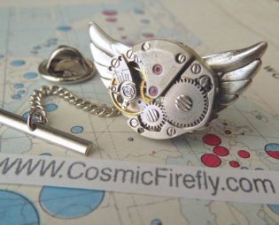 Steampunk Tie Tack Men's Tie Tack Steampunk Owl Pin Vintage Japan Citizen Watch Movement Silver Wings by CosmicFirefly steampunk buy now online