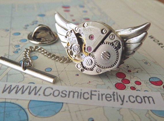 Steampunk Tie Tack Men's Tie Tack Steampunk Owl Pin Vintage Japan Citizen Watch Movement Silver Wings by CosmicFirefly steampunk buy now online