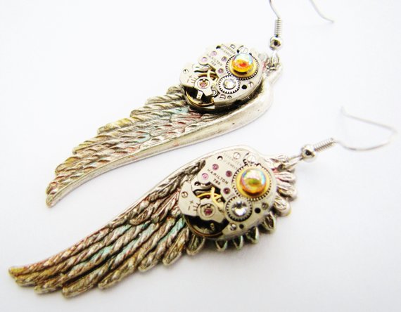 Steampunk Winged Watch Earrings, Angel Wing Earrings, Steampunk Wing Earrings, Steampunk Watch Earrings, Steampunk Earrings ERG109 by RavensSecretStash steampunk buy now online