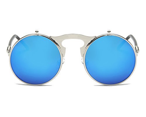 Gothic Polarized Round Retro Sunglasses Steampunk Sunglasses Flip Up Sunglasses (A/Silver Frame/Blue Lens, Non-Polarized) steampunk buy now online