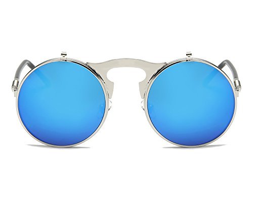 Gothic Polarized Round Retro Sunglasses Steampunk Sunglasses Flip Up Sunglasses (A/Silver Frame/Blue Lens, Non-Polarized) steampunk buy now online