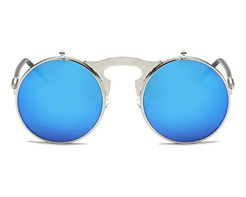 Gothic Polarized Round Retro Sunglasses Steampunk Sunglasses Flip Up Sunglasses (A/Silver Frame/Blue Lens, Non-Polarized) steampunk buy now online