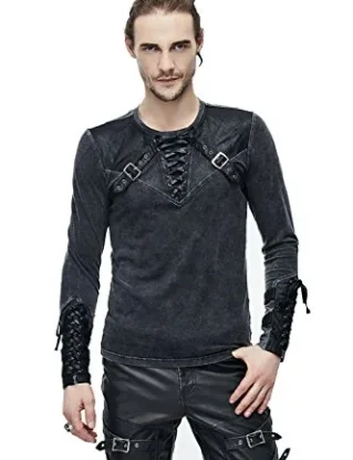 Gothic Men's Punk Fashion Long Sleeves Shirts Steampunk Gentleman Vintage Tops with PU Belt Decoration (XL, Black PU) steampunk buy now online