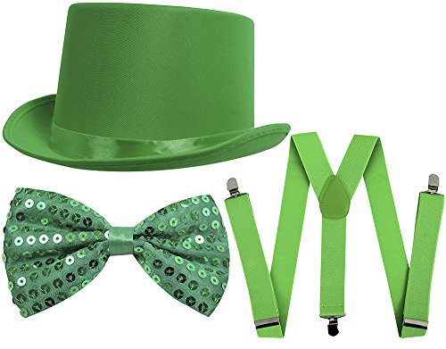 UNISEX FANCY DRESS DANCE SHOW ACCESSORIES - GREEN SATIN TOP HAT, GREEN SEQUIN BOW TIE AND GREEN BRACERS -PERFECT FOR ST PATRICK'S DAY COSTUMES, STEAM PUNK COSTUMES OR DANCE SHOWS steampunk buy now online