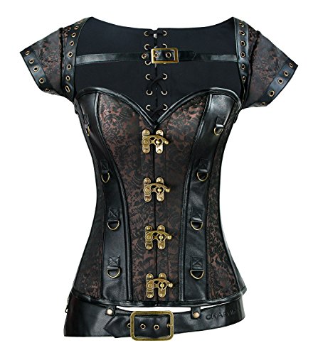 Charmian Women's Goth Steel Boned Steampunk Retro Brocade Halloween Costume Corset with Jacket and Belt Heavy-Strong-Steel-Coffee-Brown Medium steampunk buy now online