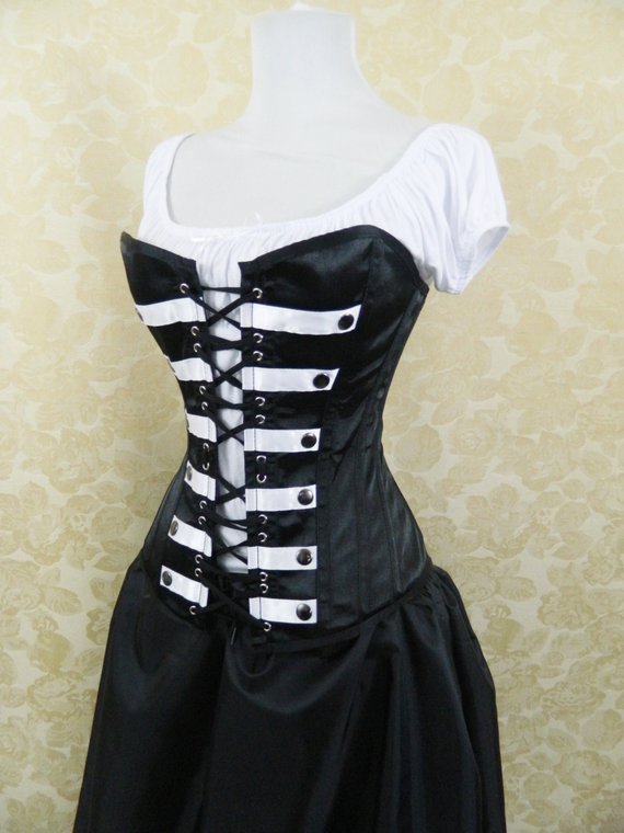 Black And White Steampunk Military Overbust Lace Front and Back Steel Boned Corset-to fit 37-40" natural waist by AliceAndWillow steampunk buy now online