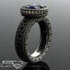 Brogue style blue sapphire and whiskey diamond engagement ring. Halo wedding ring in stitched leather look. Brogue jewelry. DeMer bridal. by DeMerJewelry steampunk buy now online