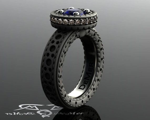 Brogue style blue sapphire and whiskey diamond engagement ring. Halo wedding ring in stitched leather look. Brogue jewelry. DeMer bridal. by DeMerJewelry steampunk buy now online