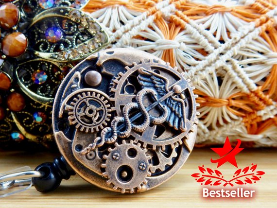 Caduceus Badge Reel, Steampunk ID Clip, Badge Holder, Men's Retractable Pull, Nurse Gift, RN Jewelry, Male, Doctor, Christmas, Holiday by BadgeAlleybyGerAnne steampunk buy now online