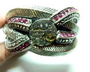 Cuff bracelet Steampunk jewellery "the Infinity", engagement silver colored openwork massive bangle for woman, big old clockwork, crystals by EmilySteampunk steampunk buy now online