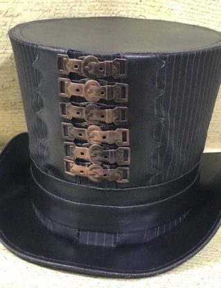 Deisel steampunk industrial Black Grey Pinstripes Top Hat with Rustic copper Buckles in 59,60cm by SteamEraProduction steampunk buy now online