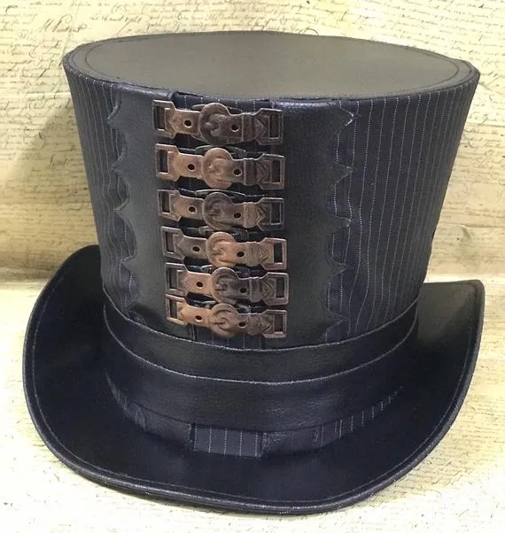 Deisel steampunk industrial Black Grey Pinstripes Top Hat with Rustic copper Buckles in 59,60cm by SteamEraProduction steampunk buy now online Deisel steampunk industrial Black Grey Pinstripes Top Hat with Rustic copper Buckles in 59,60cm by SteamEraProduction steampunk buy now online