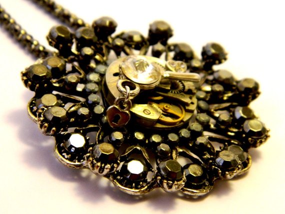 Locked time Steampunk jewelry, decorated necklace, clockwork, small key, miniature padlock, black crystals, jewellery, unique gift for woman by EmilySteampunk steampunk buy now online
