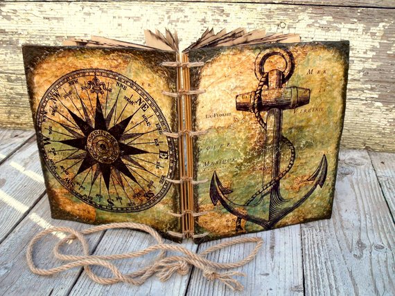 Old anchor and compass photo album, photobook adventures, pirate travel book gift, feather pen, hand made eco recycled paper, coptic stitch by EmilySteampunk steampunk buy now online