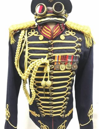 Steampunk 6 pcs Military Army Officers Gold Braiding Hussar Jacket Military Goggles hat with gold filigree in Chest size 44"/46"XL by SteamEraProduction steampunk buy now online