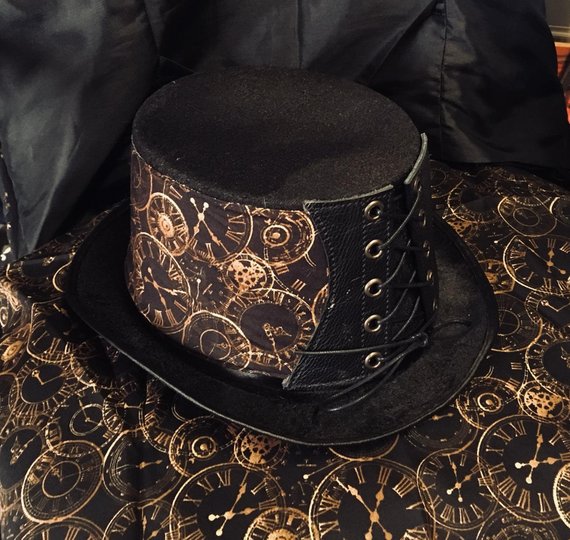 Steampunk Hat Victorian Corset Gothic Tophat Clocks Cogs Leather Fabric by OceaniaLegendsDesign steampunk buy now online