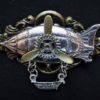 Steampunk jewellery - Fantasy silver airship zeppelin pin badge brooch with bronze base, golden propeller and silver & bronze mini cog gears by KindHeartsEmporium steampunk buy now online